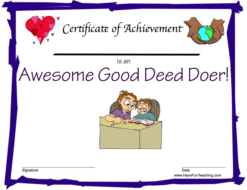 Reward certificate naming the recipient an "Awesome Good Deed Doer!" with name, signature, and date fields
