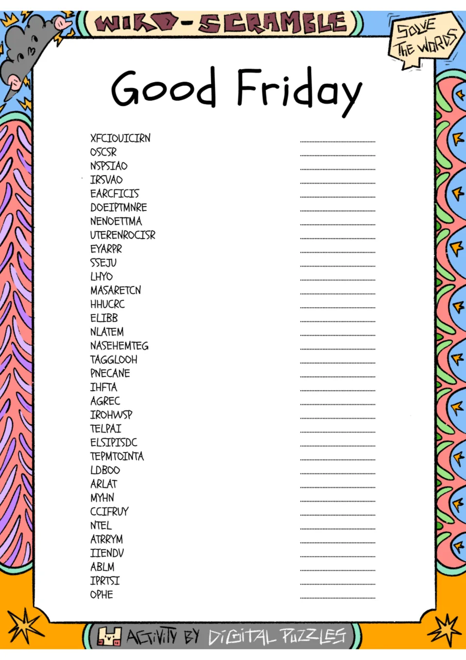 Good Friday vocabulary scramble: 34 terms to unscramble, including words for cross, sacrifice, prayer, and hope.