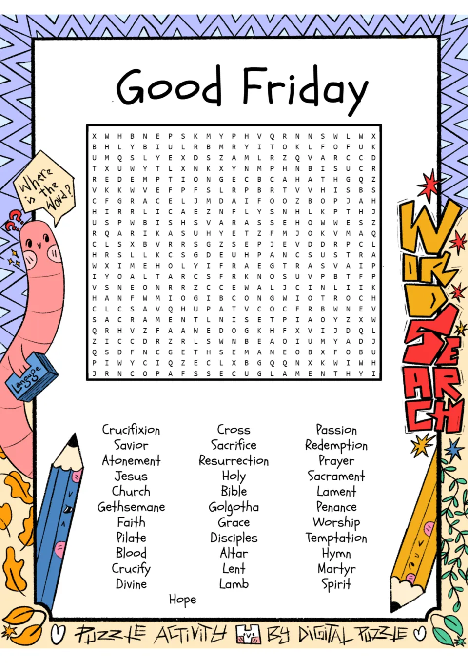 Good Friday word search: students find 34 hidden words such as Crucifixion, Cross, Passion, Gethsemane and Lamb