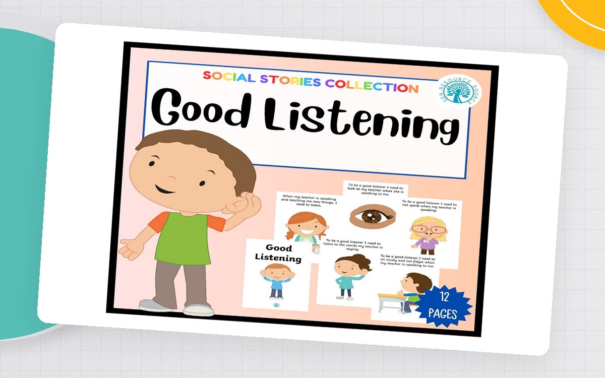 Good Listening social story cover with a child, ear and eye icons, and small listening-behavior illustrations.