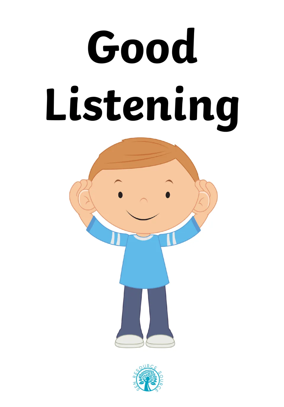 Good Listening social story cover: title above a smiling boy cupping both hands behind his ears to show listening