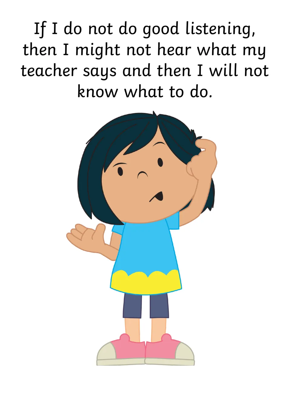 Not listening: a puzzled girl scratches her head, as missing what the teacher says means not knowing what to do