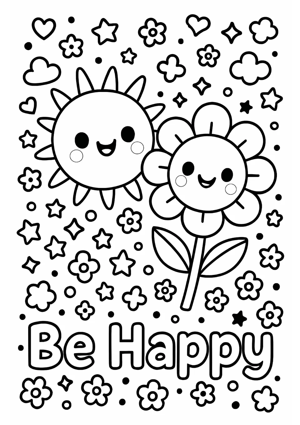 Be Happy coloring page: students color a smiling sun and flower surrounded by stars, hearts, clouds and small flowers