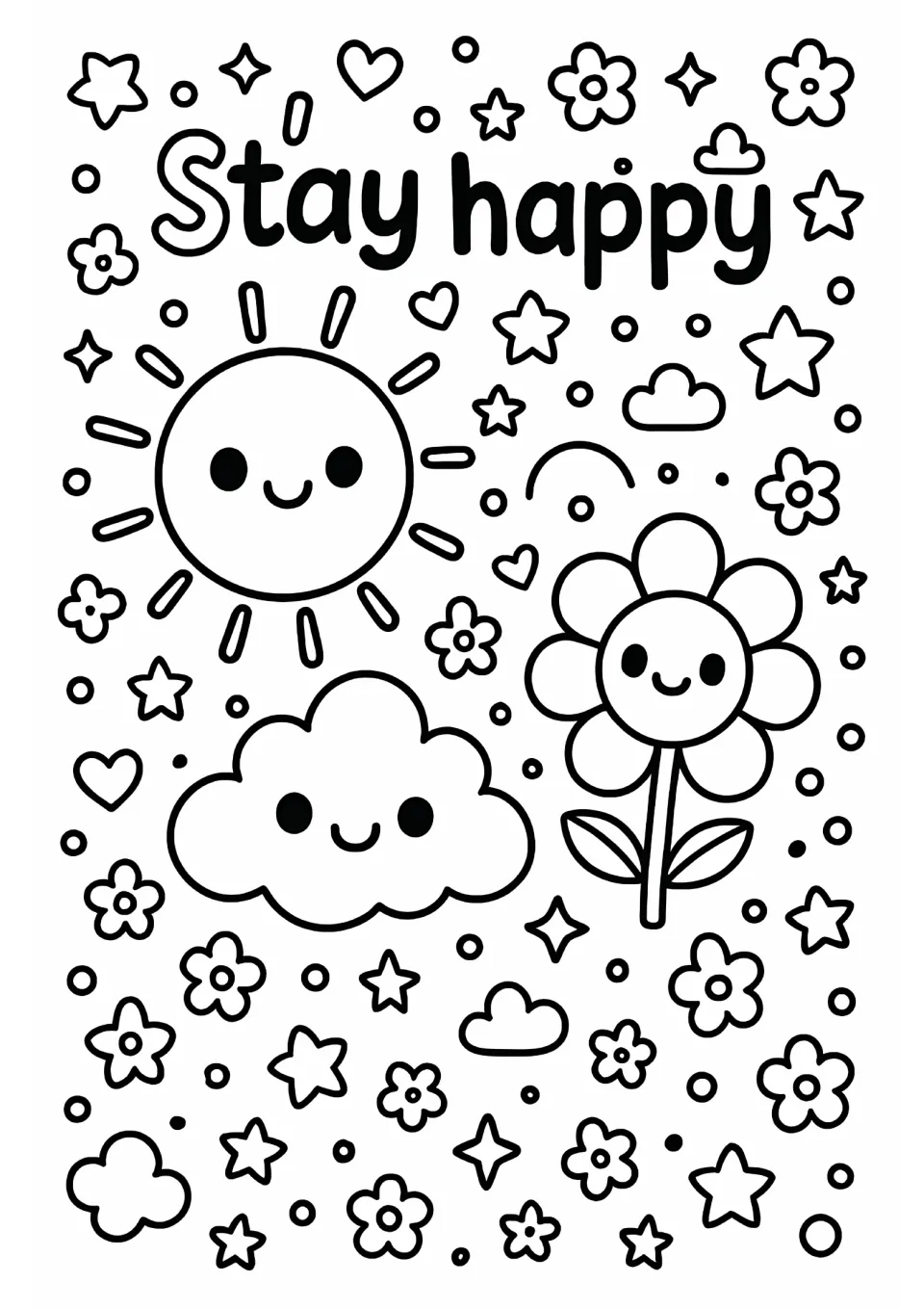 Stay happy coloring page: students color a smiling sun, cloud and flower among stars, hearts and tiny flowers