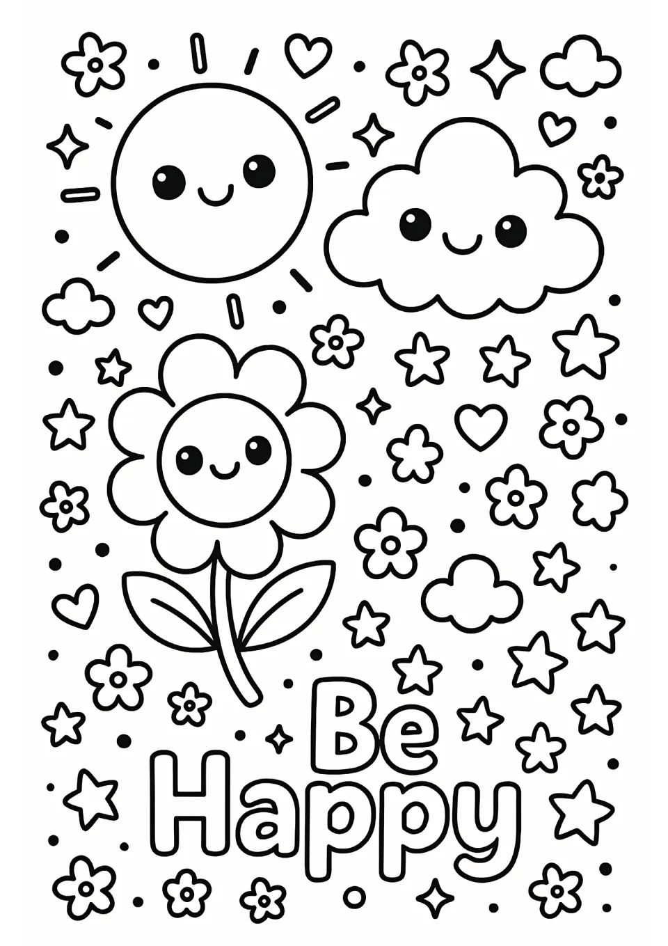 Be Happy coloring page: students color a smiling sun, cloud and flower with Be Happy in outlined letters at the bottom