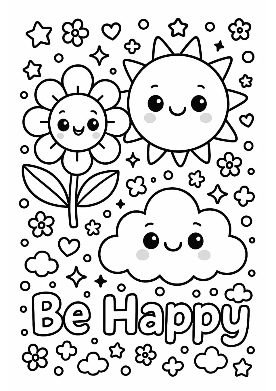 Be Happy coloring page: students color a smiling flower, sun and cloud with soft cheeks, and the outlined words Be Happy