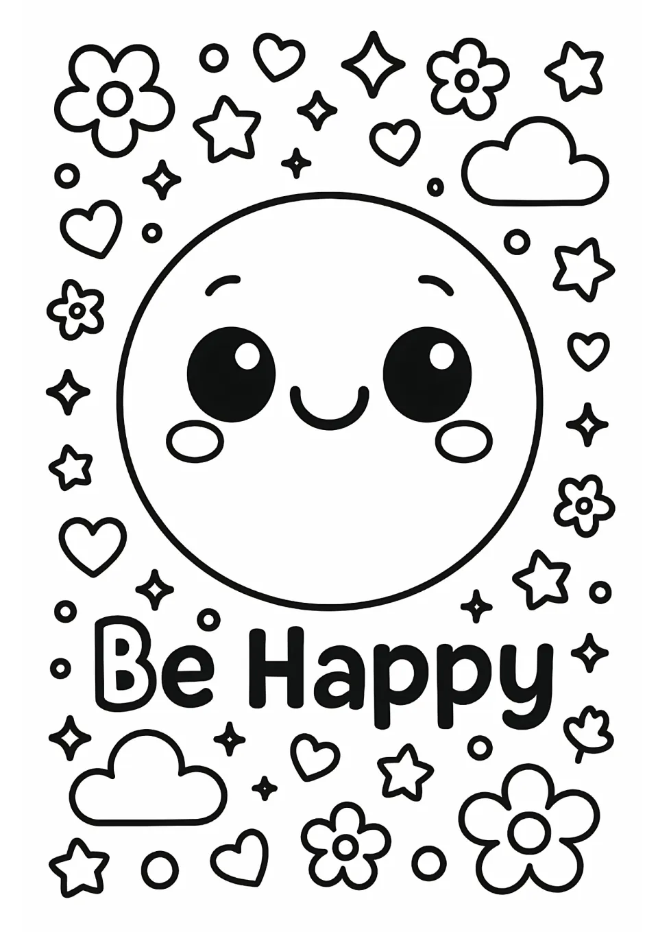 Be Happy coloring page: students color a big smiling face with rosy cheeks above the words Be Happy and scattered shapes