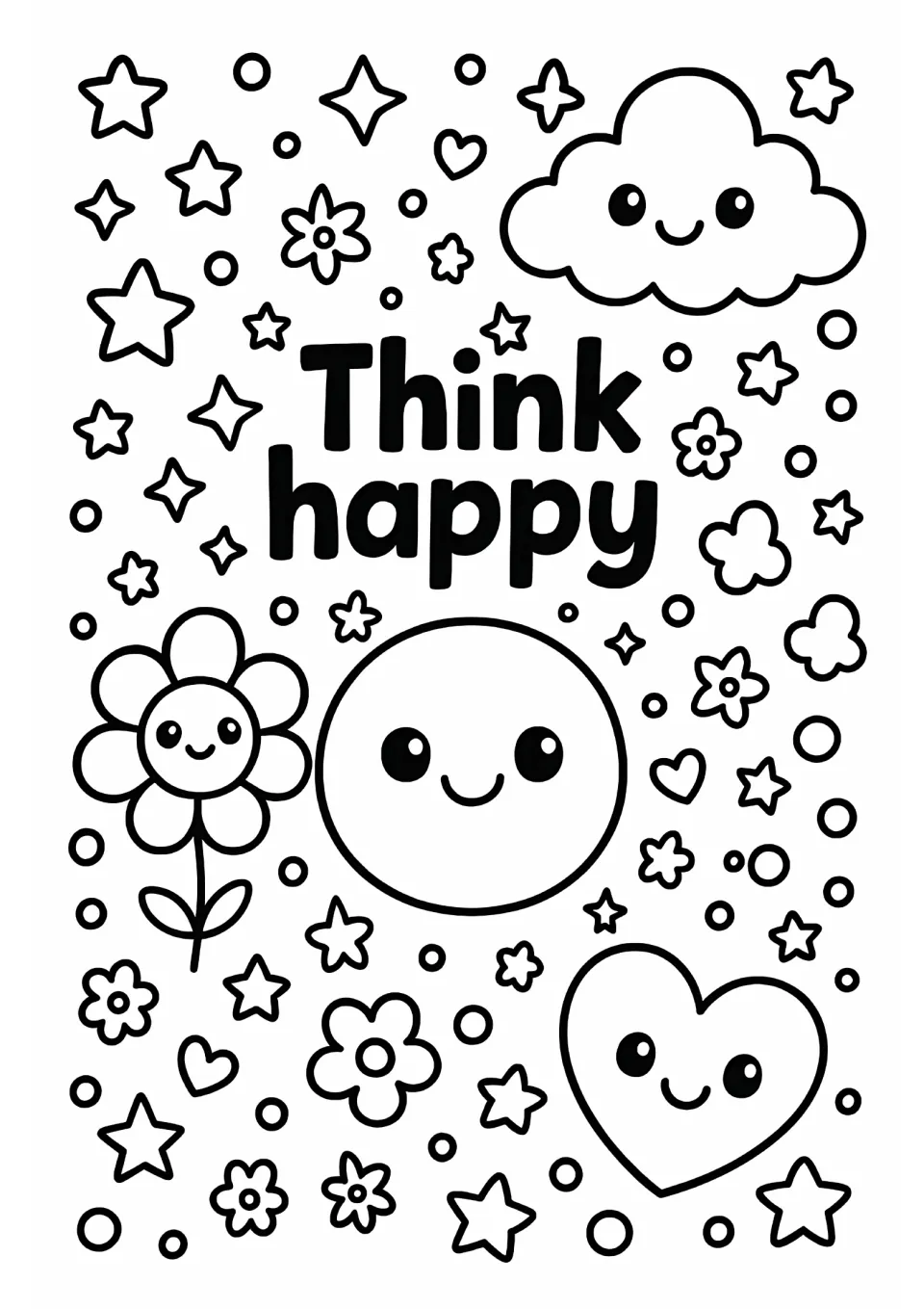 Think happy coloring page: students color a smiling cloud, flower, round face and heart under the words Think happy