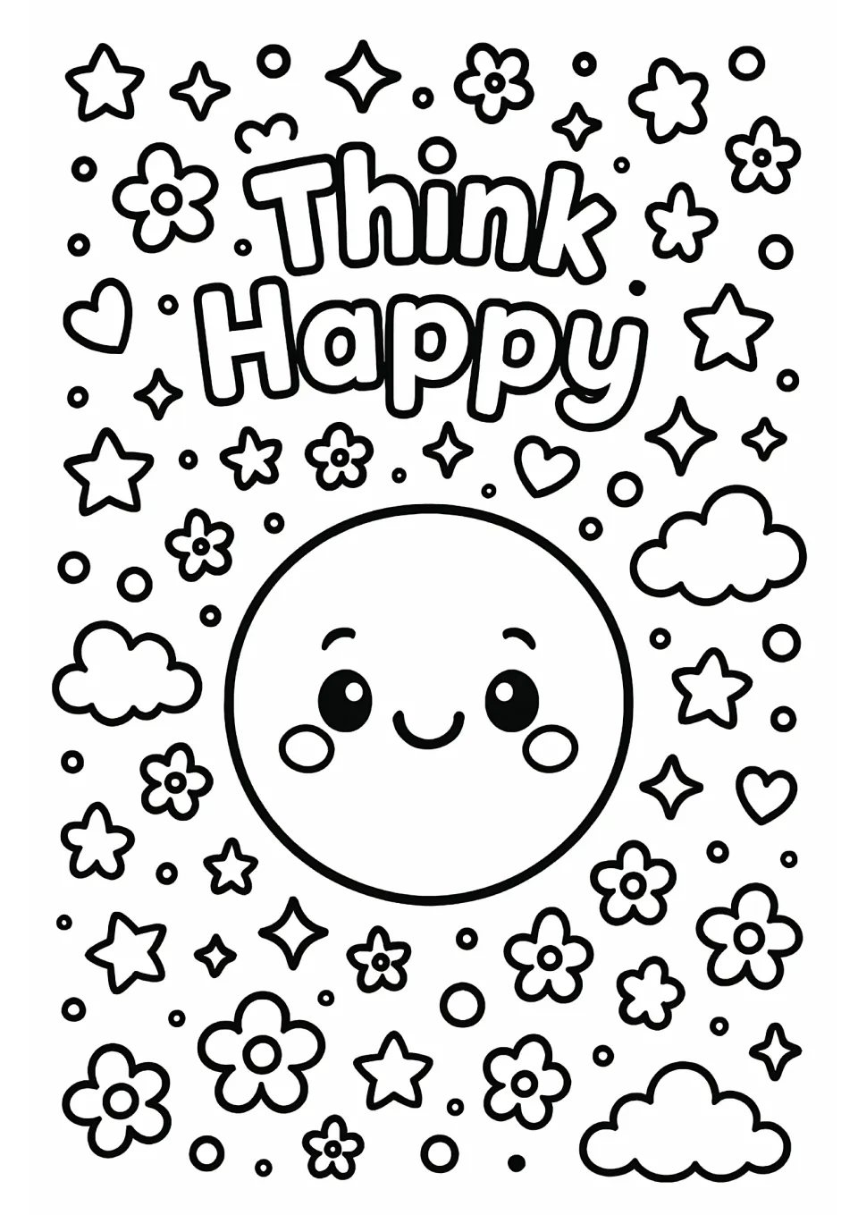 Think Happy coloring page: students color outlined Think Happy letters and a large smiling face among clouds and flowers