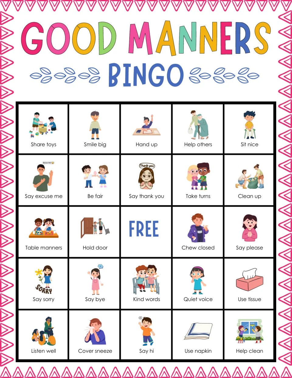 Good manners bingo card 1: students mark pictured habits like share toys, hand up, say excuse me and cover sneeze