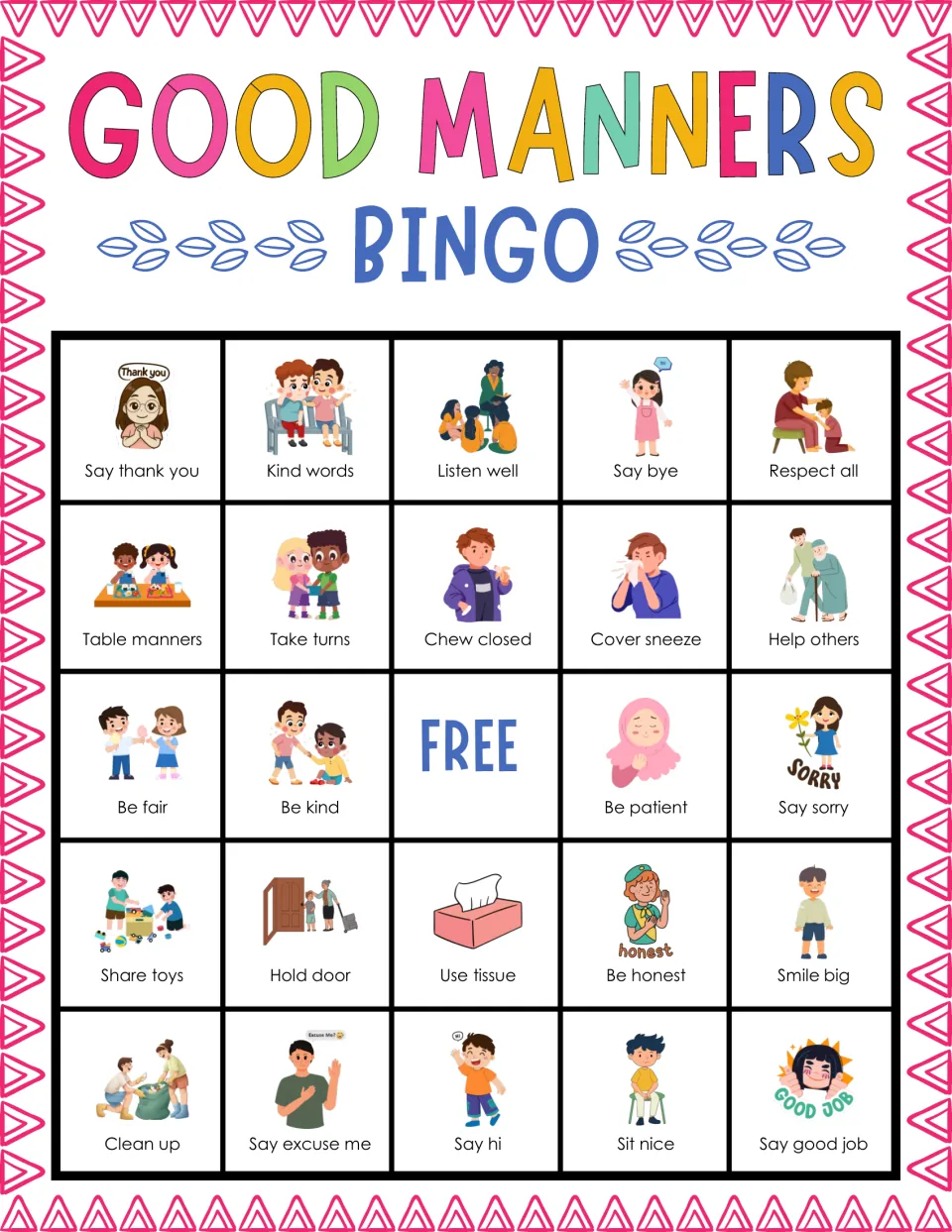 Manners bingo card 2: students mark picture squares such as say thank you, kind words, respect all and say good job