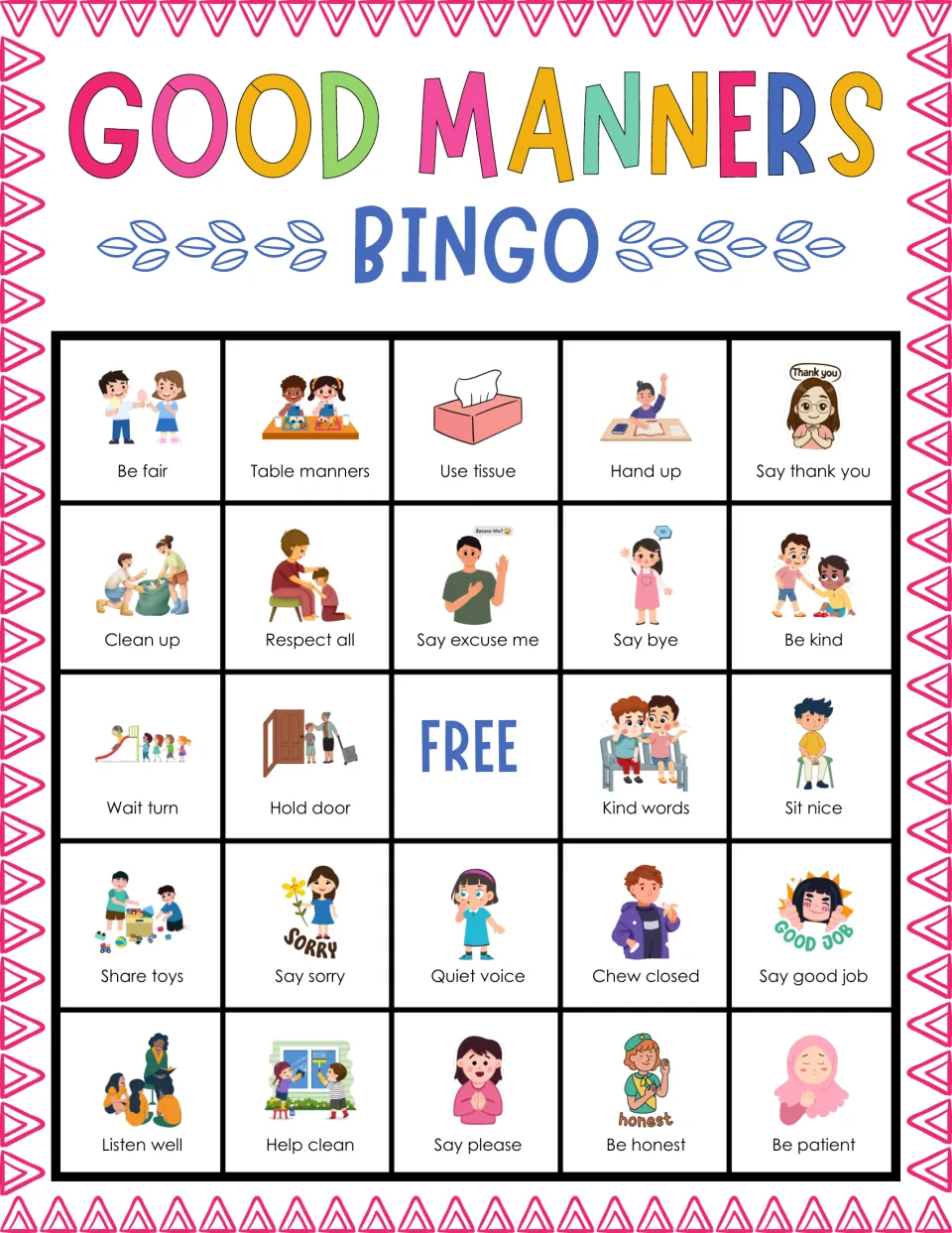Bingo card 3 on polite habits: students find pictured squares like be fair, wait turn, use tissue and say thank you