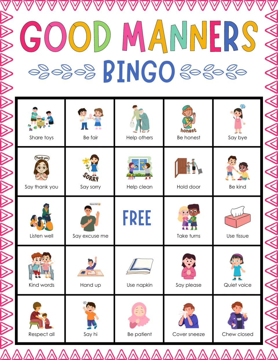 Manners bingo card 4: students cover pictured actions starting with share toys, be fair, help others and be honest