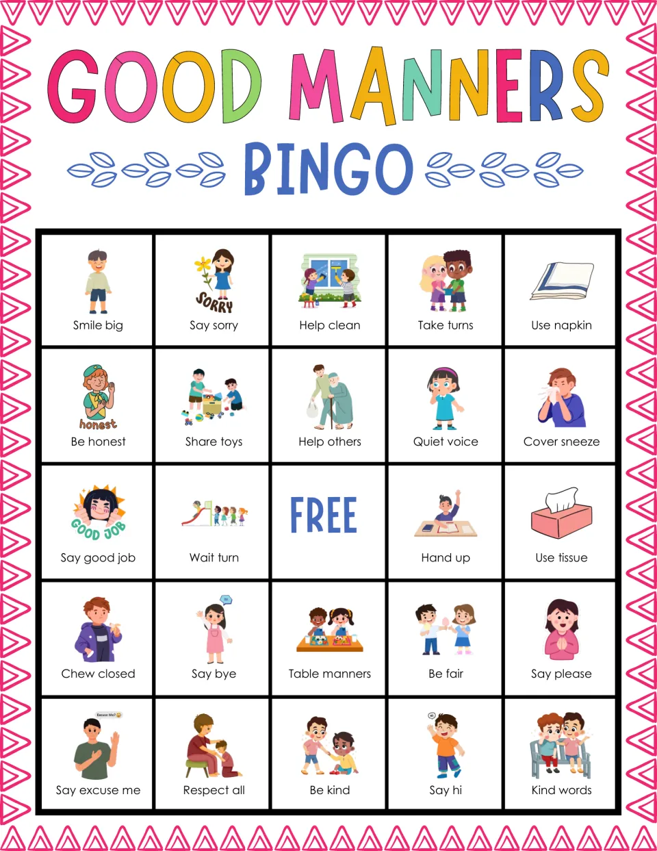 Bingo card 5 on manners: students mark pictures such as smile big, say sorry, help clean, take turns and use napkin