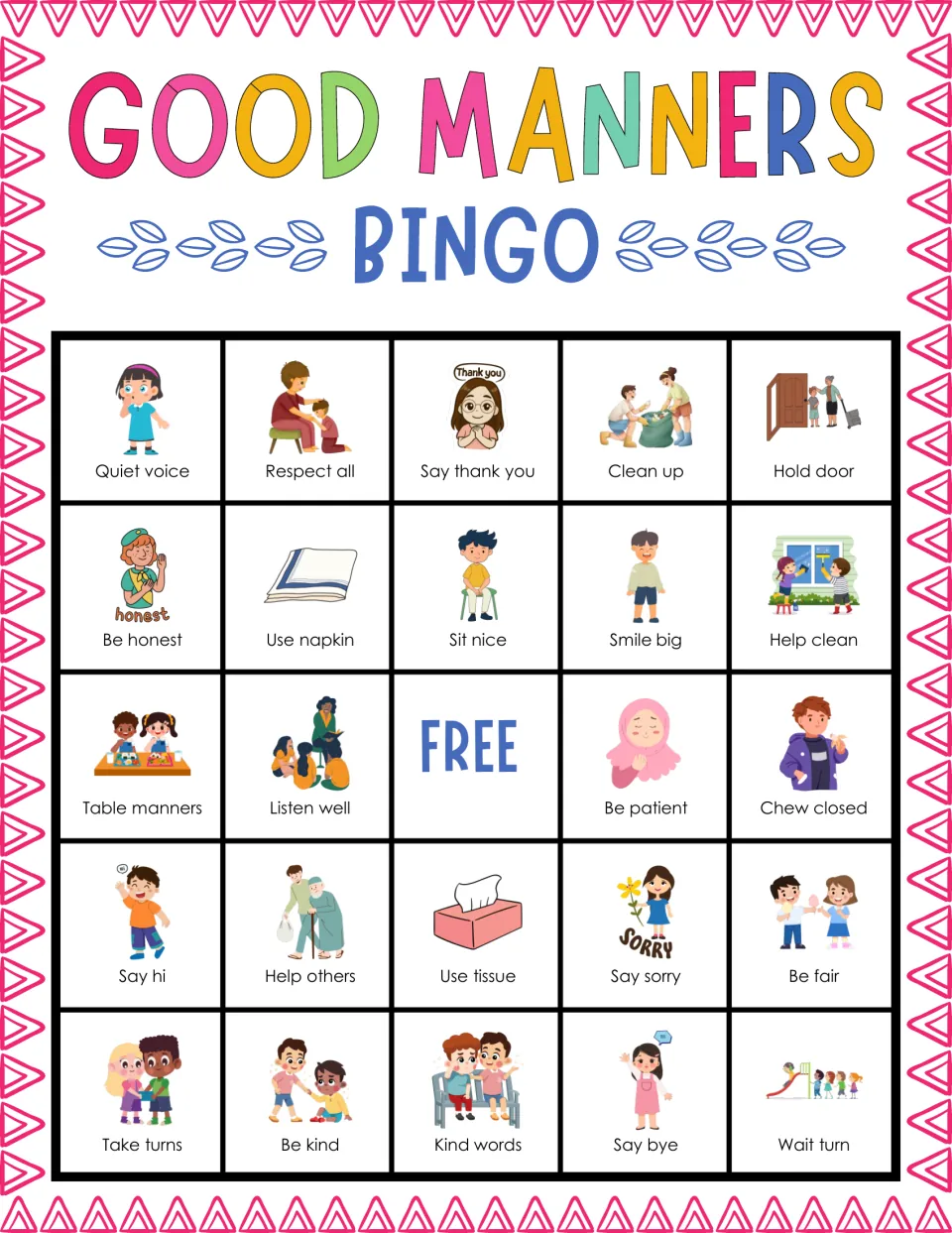 Bingo card 7 on good manners: students cover squares like quiet voice, respect all, say thank you and hold door