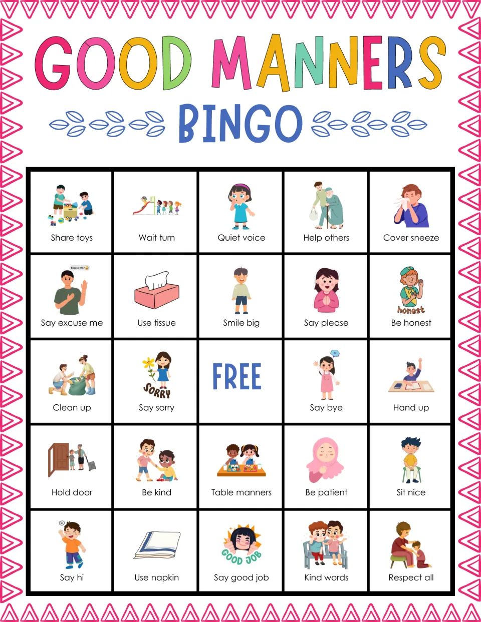 Manners bingo card 8: students mark pictured habits including share toys, wait turn, quiet voice and cover sneeze