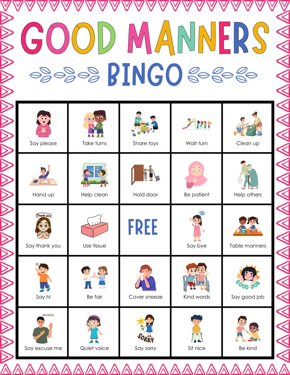 Bingo card 9 on manners: students find squares such as say please, take turns, share toys, wait turn and clean up