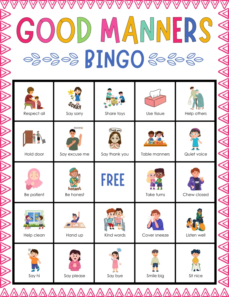 Manners bingo card 10: students mark labeled pictures like respect all, say sorry, use tissue and help others