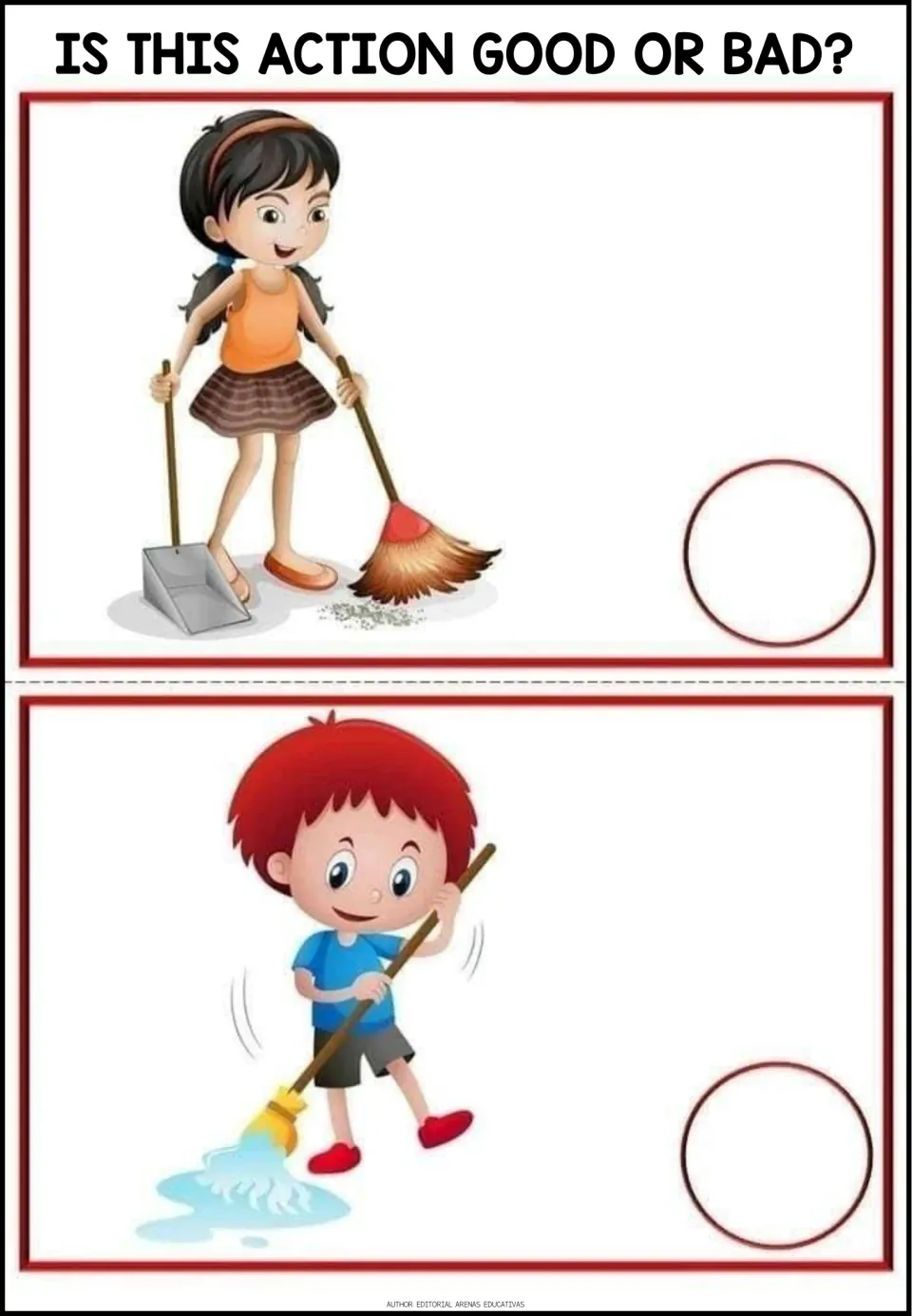 Good-or-bad situations 1–2: a girl sweeping and a boy mopping, under 'Is this action good or bad?'