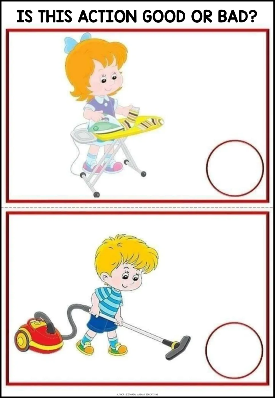 Good-or-bad situations 3–4: a girl ironing and a boy vacuuming for children to identify each action