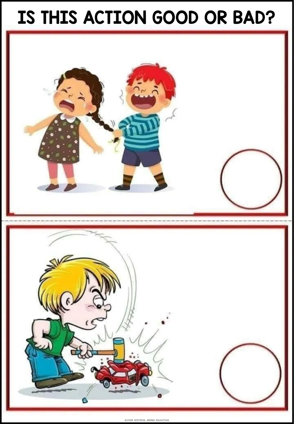Good-or-bad situations 5–6: a boy pulling a girl's hair and a boy smashing a toy car with a hammer