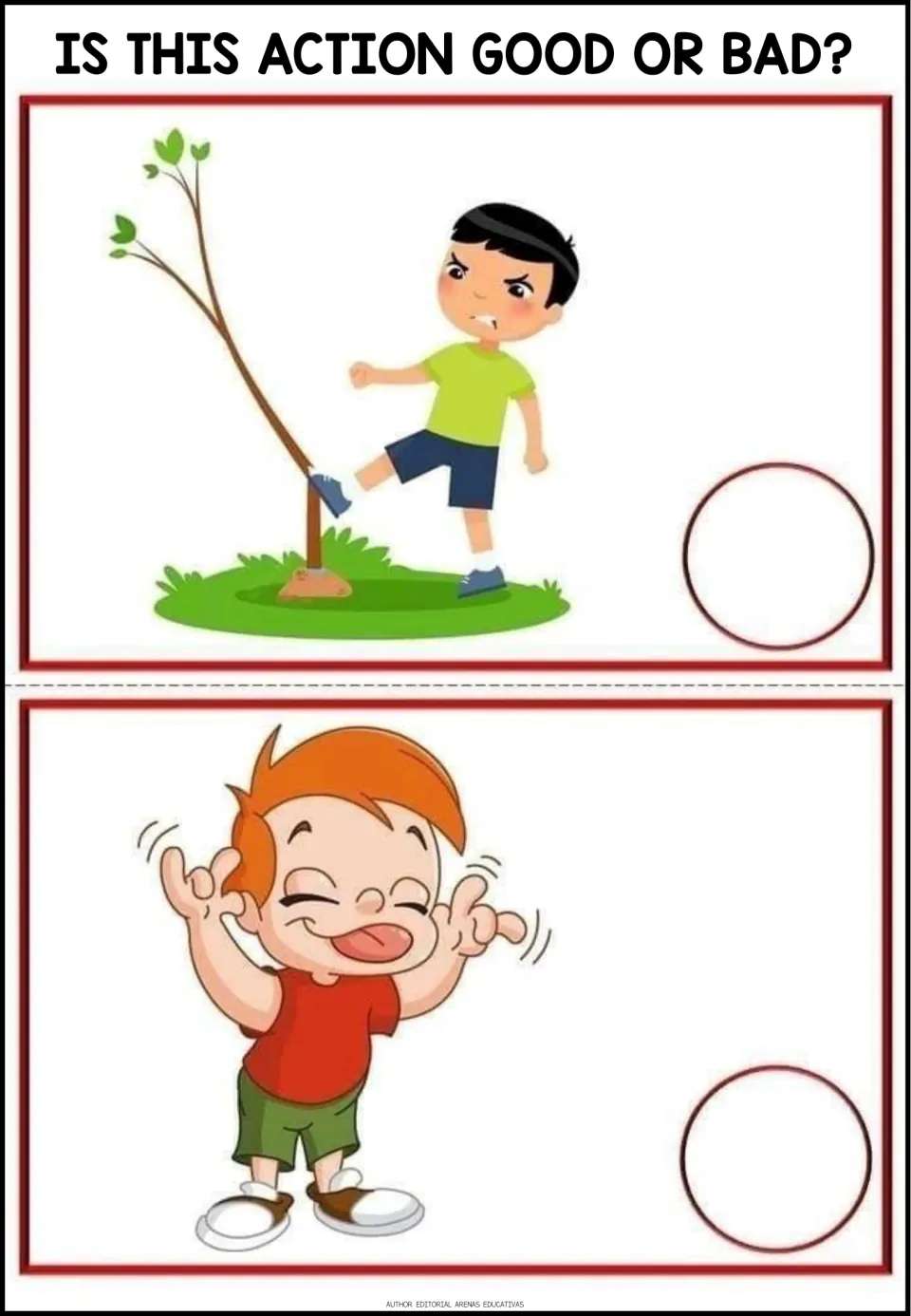 Good-or-bad situations 7–8: a boy kicking a young tree and a boy sticking out his tongue and making faces