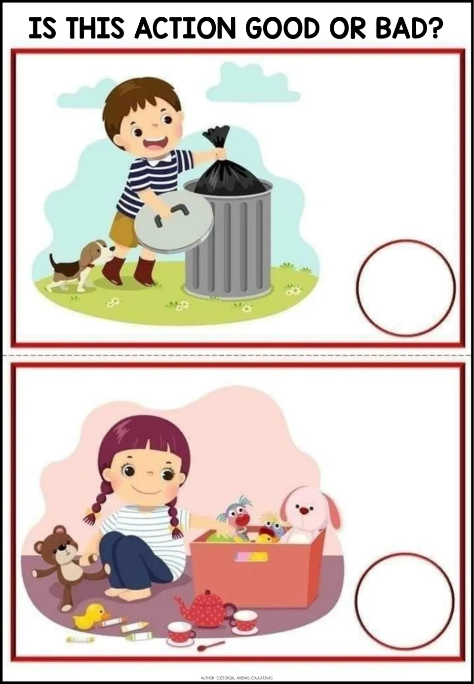 Good-or-bad situations 9–10: a boy putting a trash bag in a garbage can and a girl putting toys away