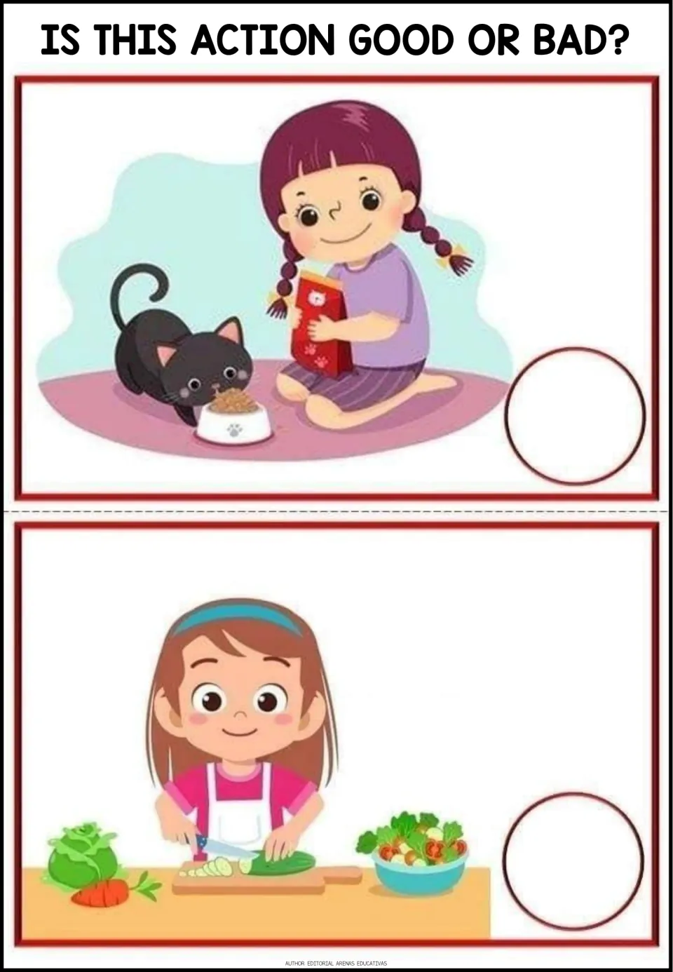 Good-or-bad situations 11–12: a girl feeding a cat and a girl slicing a cucumber while preparing food