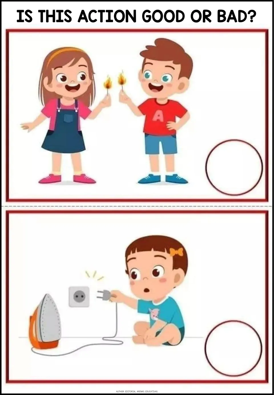 Good-or-bad situations 13–14: children holding lit matches and a young child holding an iron's plug