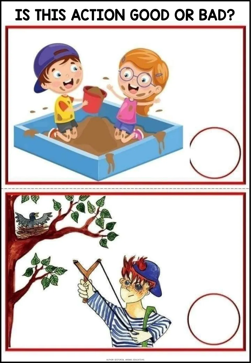 Good-or-bad situations 15–16: children playing in a sandbox and a boy aiming a slingshot toward a bird