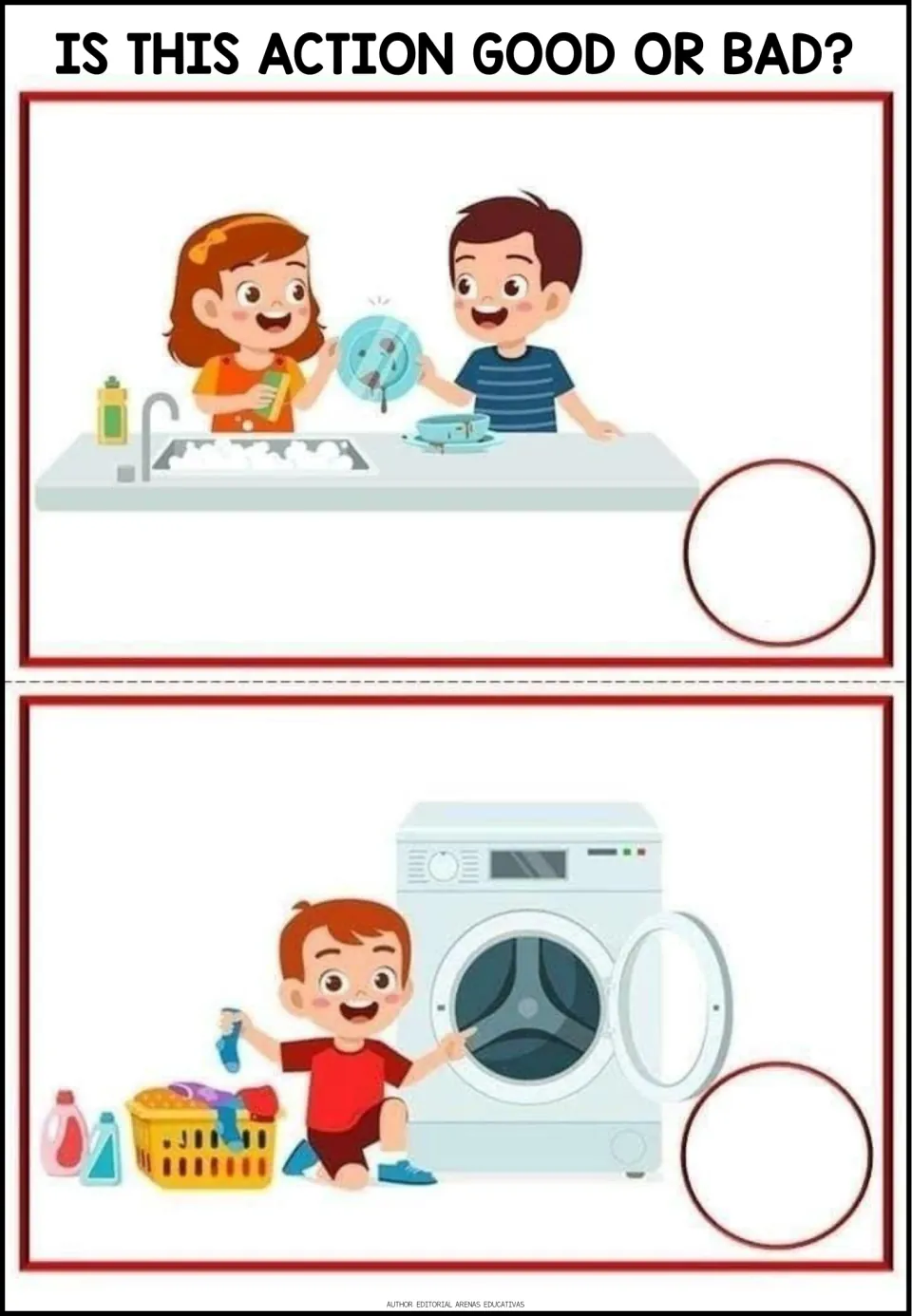 Good-or-bad situations 17–18: children washing dishes and a boy holding a sock beside a washing machine
