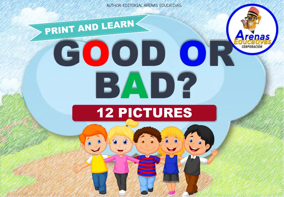 Good or Bad? cover: Print and Learn set of 12 pictures, showing five smiling children arm in arm on a path