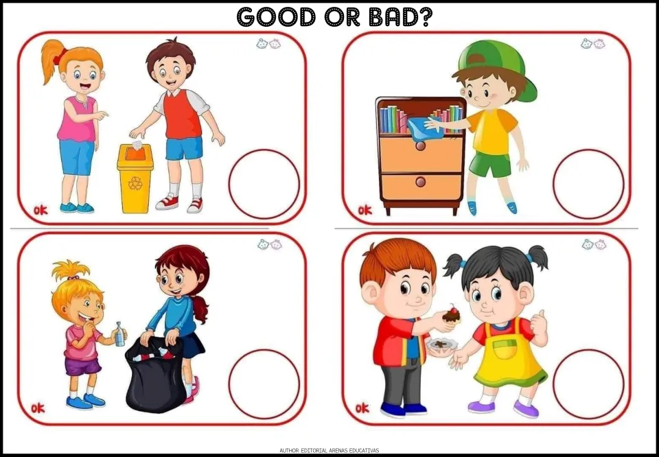 Good or bad actions: students judge 4 picture cards, including recycling, dusting a shelf, bagging trash and sharing cake