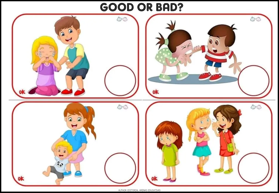 Behavior cards: students decide if comforting a crying girl, slapping, helping a toddler walk and gossiping are good or bad
