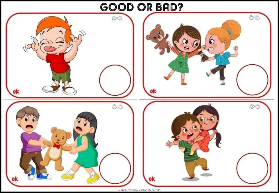 Conflict cards: students judge making faces, pulling hair, fighting over a teddy bear and wrestling as good or bad