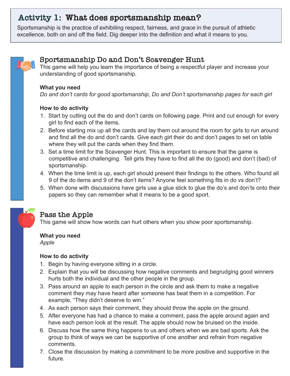 Activity 1, what sportsmanship means: leader steps for a do and don't card scavenger hunt and the Pass the Apple game