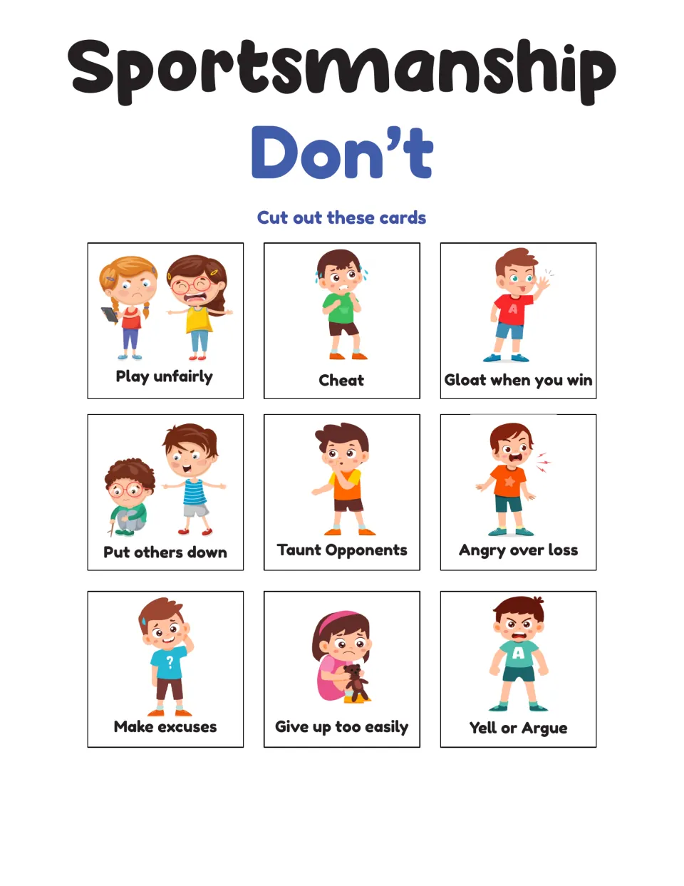 Sportsmanship Don't cut-out cards: nine illustrated behaviors such as Cheat, Gloat when you win and Make excuses