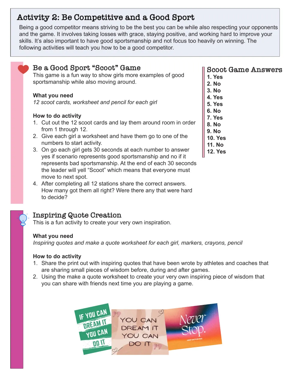 Activity 2, competing as a good sport: Scoot game steps with a 12-item answer list, plus Inspiring Quote Creation