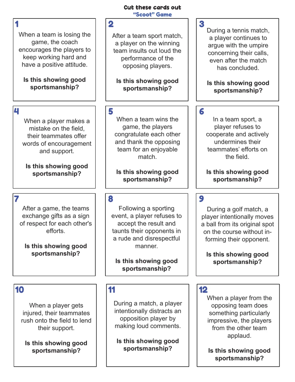 Scoot game cards: 12 sports scenarios, such as a coach encouraging a losing team, to judge as good sportsmanship or not