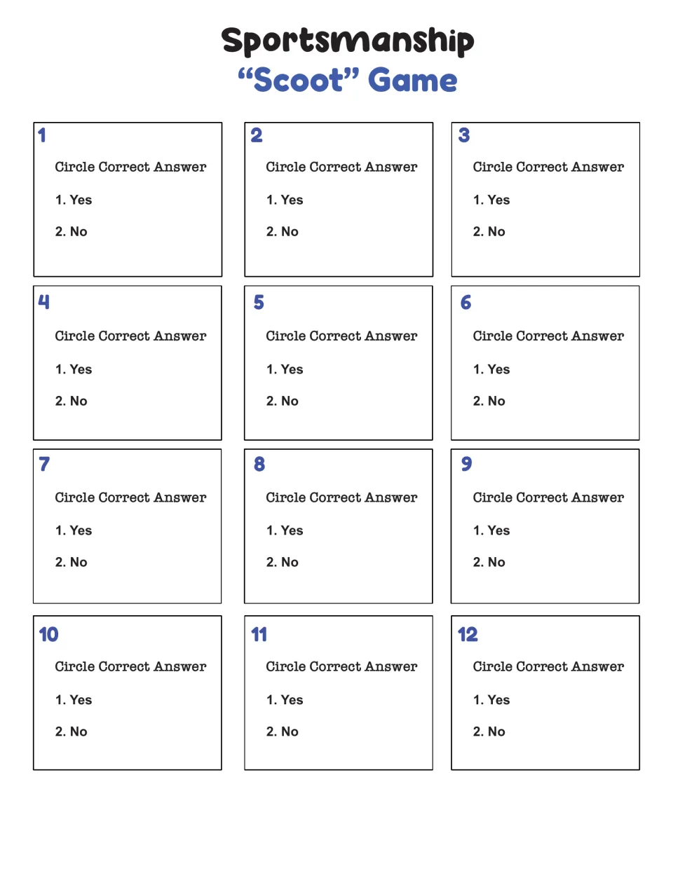 Scoot game recording sheet: for each of 12 stations students circle Yes or No to show if the scenario is fair play
