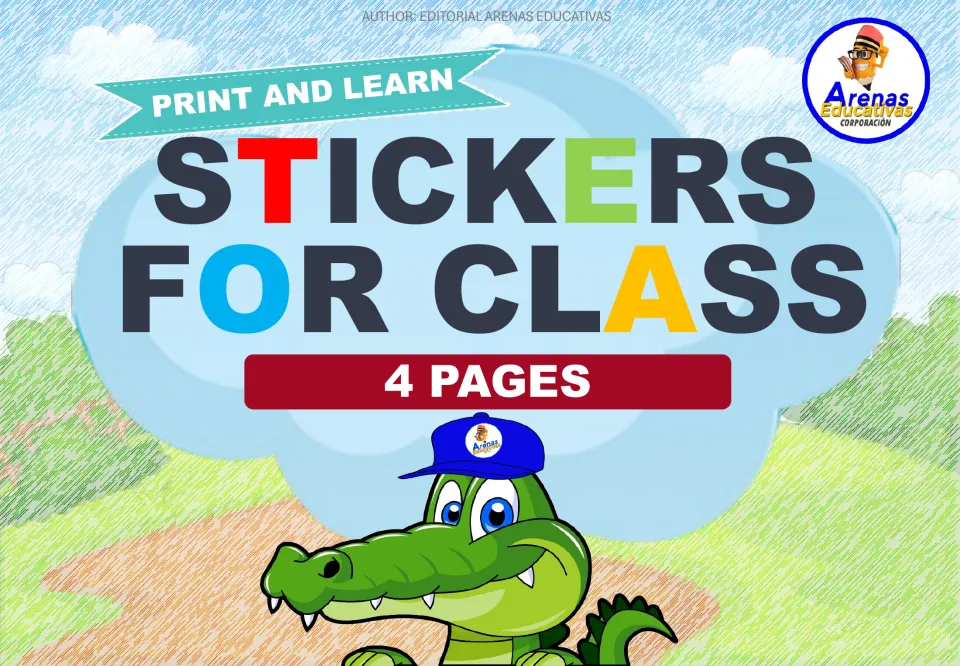 Cover of the classroom sticker resource, labeled 'Print and Learn', 'Stickers for Class' and '4 Pages'