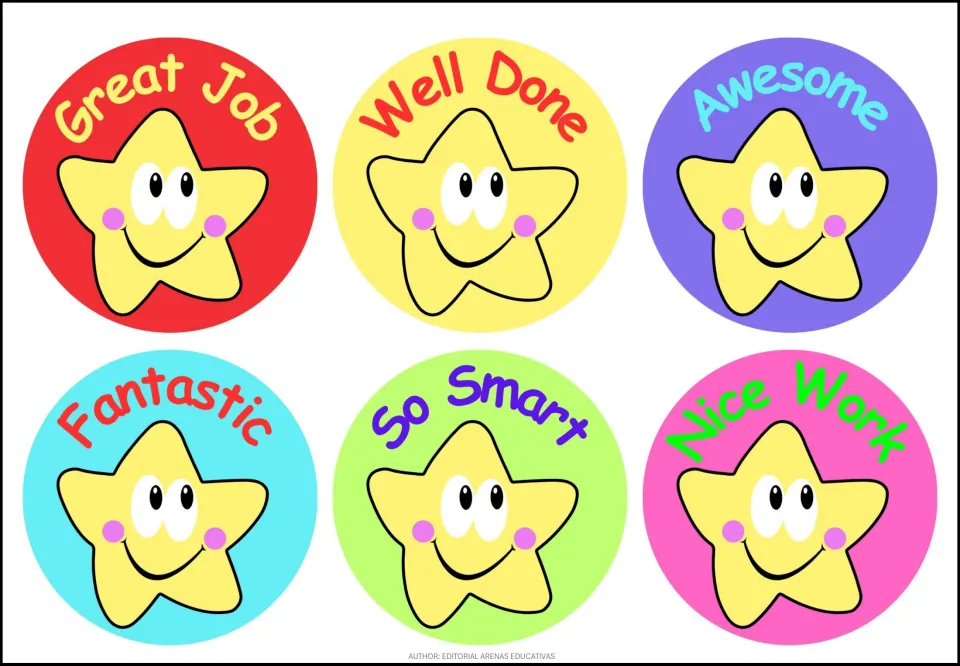 Praise stickers 1–6: Great Job, Well Done, Awesome, Fantastic, So Smart and Nice Work, each with a smiling star