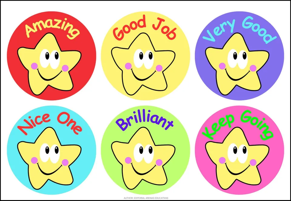 Praise stickers 7–12: Amazing, Good Job, Very Good, Nice One, Brilliant and Keep Going, with smiling stars