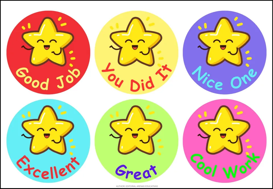 Praise stickers 13–18: Good Job, You Did It, Nice One, Excellent, Great and Cool Work, with smiling stars
