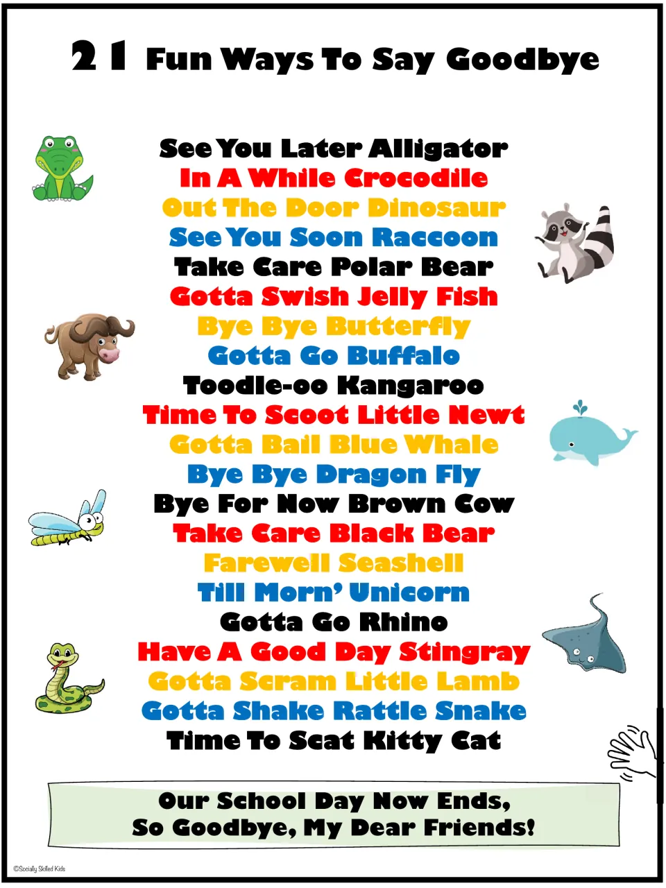 Poster of 21 animal goodbye calls, including See You Later Alligator and Have A Good Day Stingray