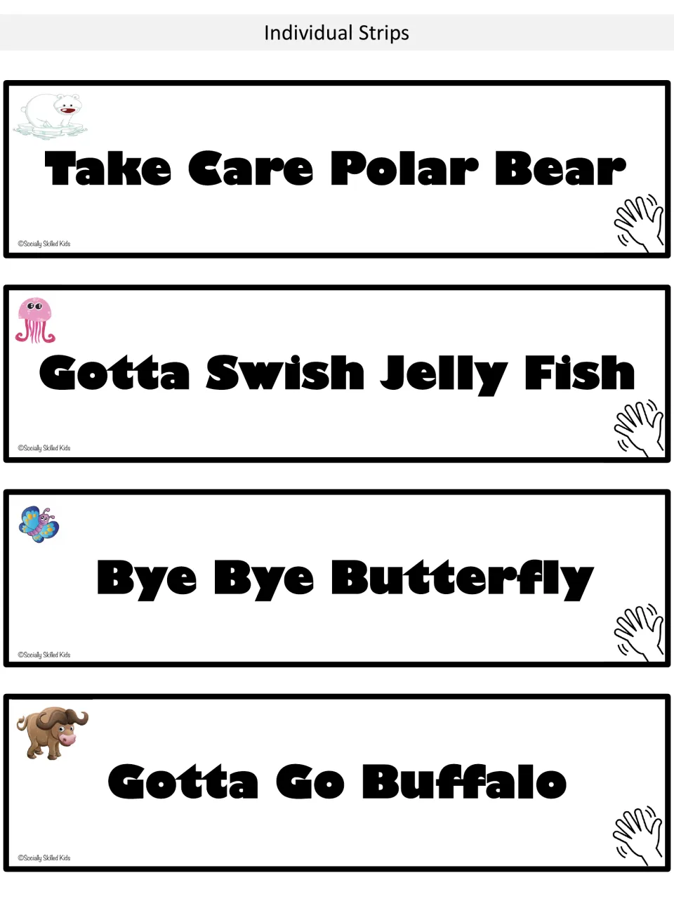 Goodbye strips 5–8: Take Care Polar Bear, Gotta Swish Jelly Fish, Bye Bye Butterfly, and Gotta Go Buffalo