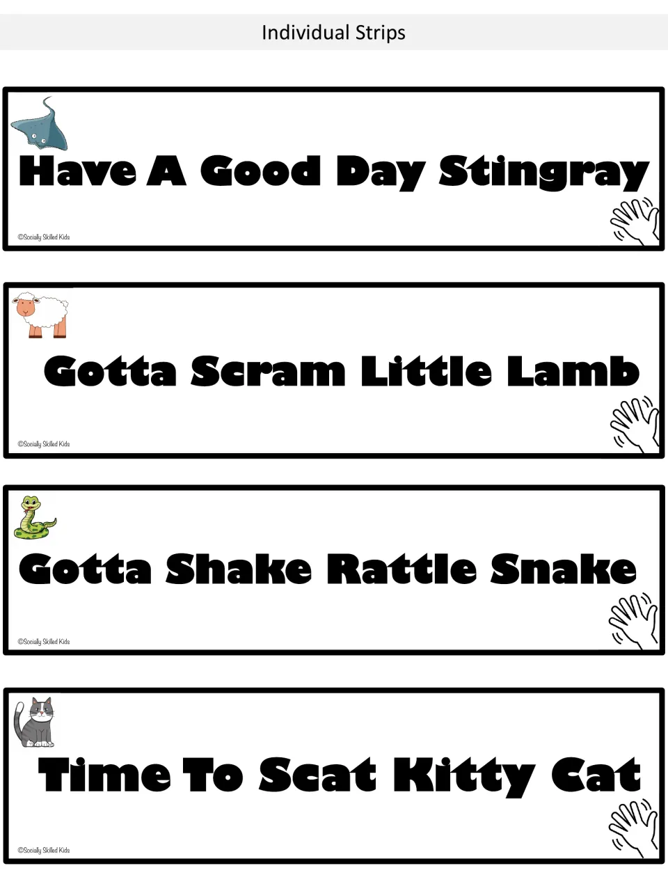 Goodbye strips 17–20 pair farewell phrases with stingray, little lamb, rattlesnake, and kitty cat