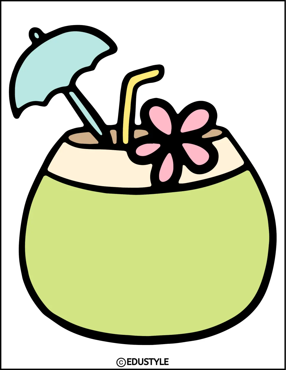 Large coconut drink cut-out: a green coconut with a pink flower, yellow straw and blue paper umbrella filling the page
