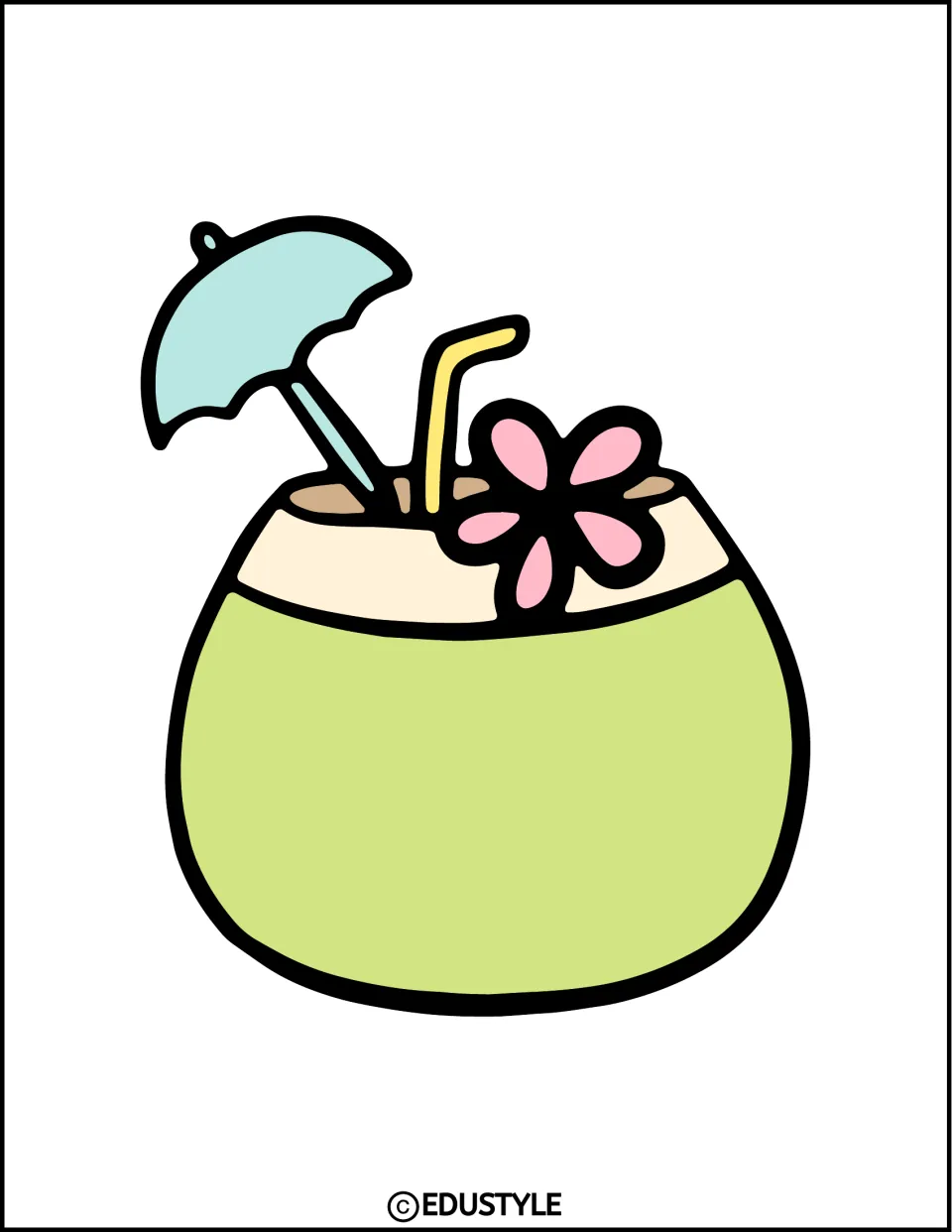 Medium coconut drink cut-out with a blue cocktail umbrella, yellow straw and pink hibiscus, centered for cutting