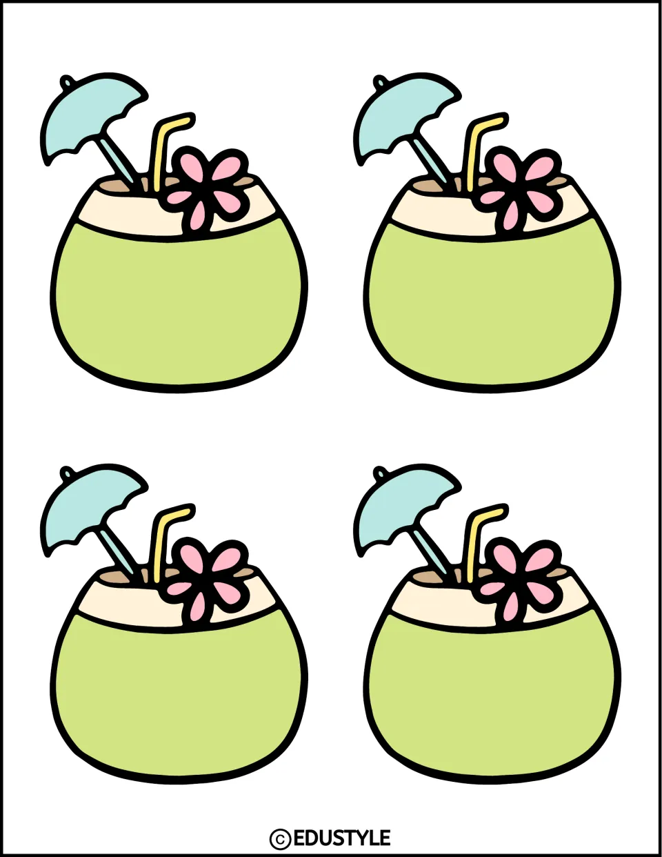 Four small coconut drink cut-outs, each with a pink flower, straw and blue umbrella, printed two by two on the page